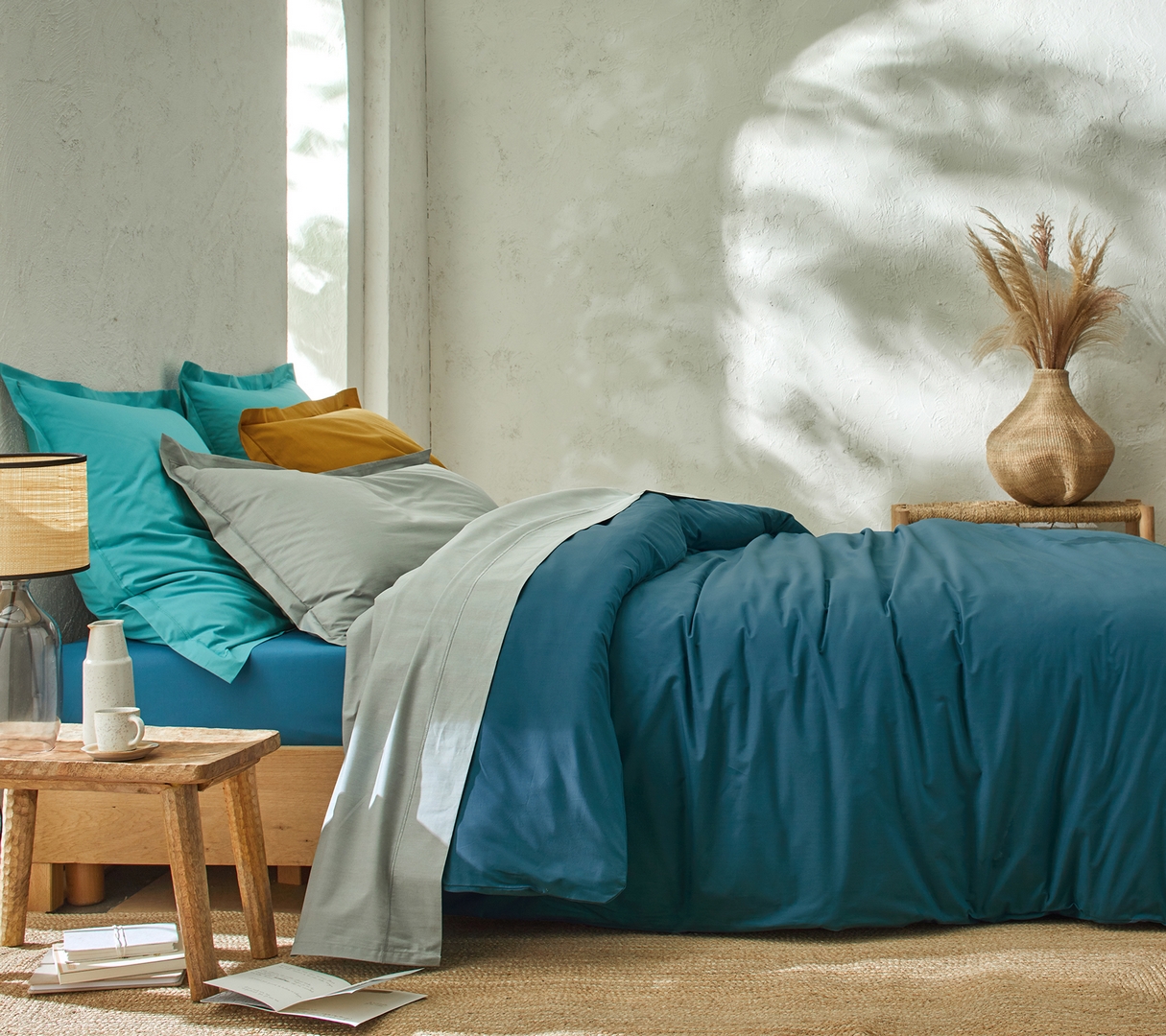 HOUSSE DE COUETTE UNI PERCALE BLEU CANARD 